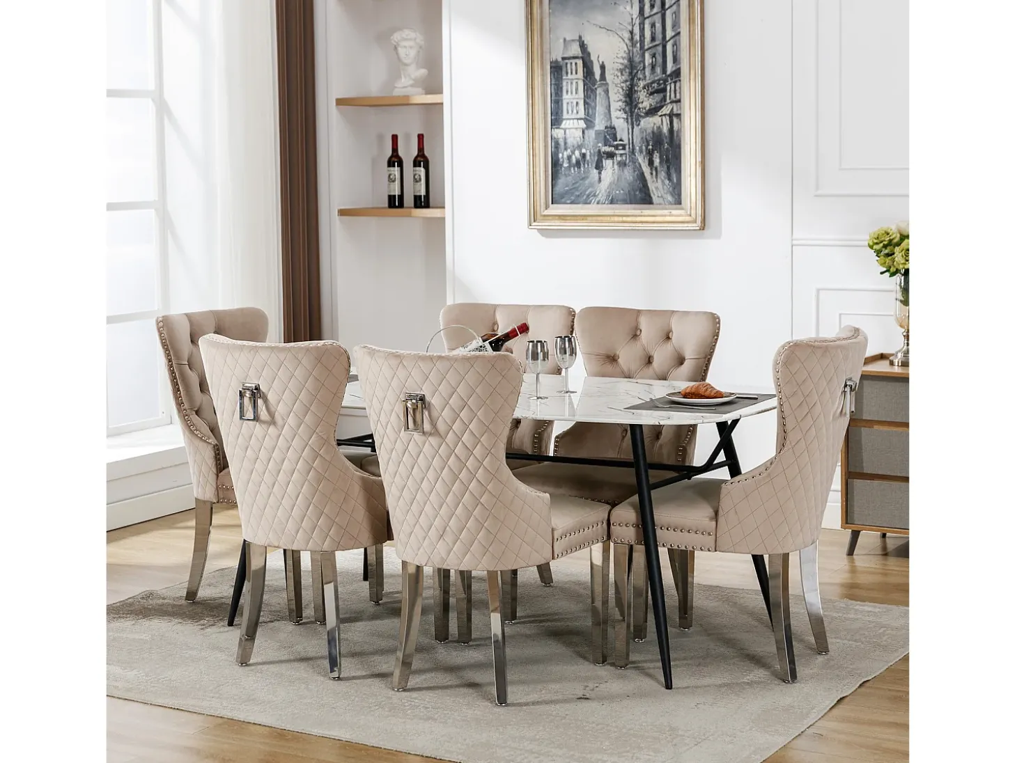 Juego de 6 sillas de comedor, tapizadas con ribete de tachuelas, patas de soporte de metal, tapizado de terciopelo, color beige, con diseño de llamador de puerta.