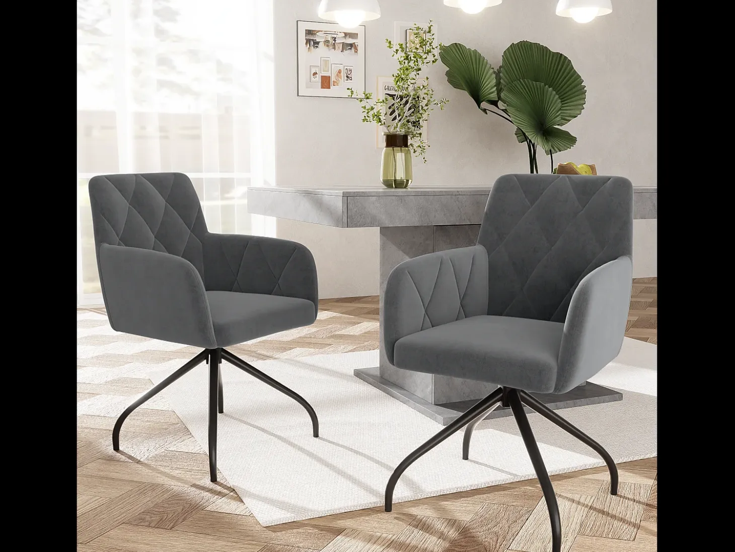 Juego de 2 sillas de comedor de terciopelo con giro de 360° - 85 x 60 x 46 cm - sillón tapizado - 4 patas de metal - negro
