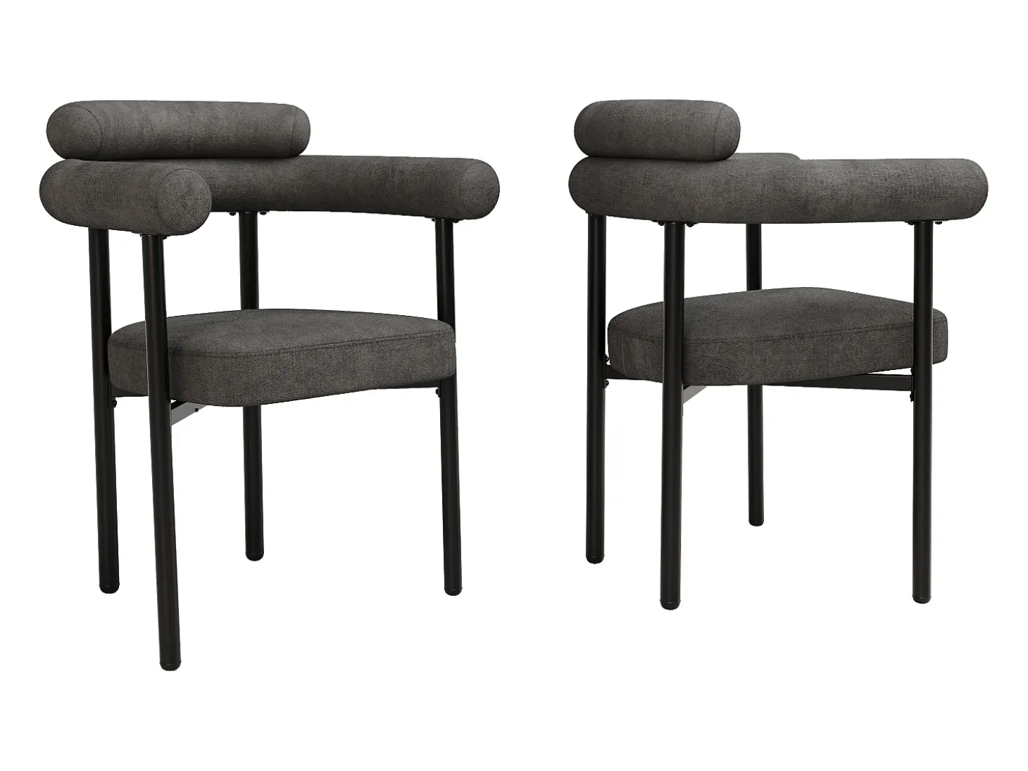 Juego de 2 sillas de comedor gris oscuro - Silla de comedor con respaldo y reposabrazos - ante - patas de metal negro