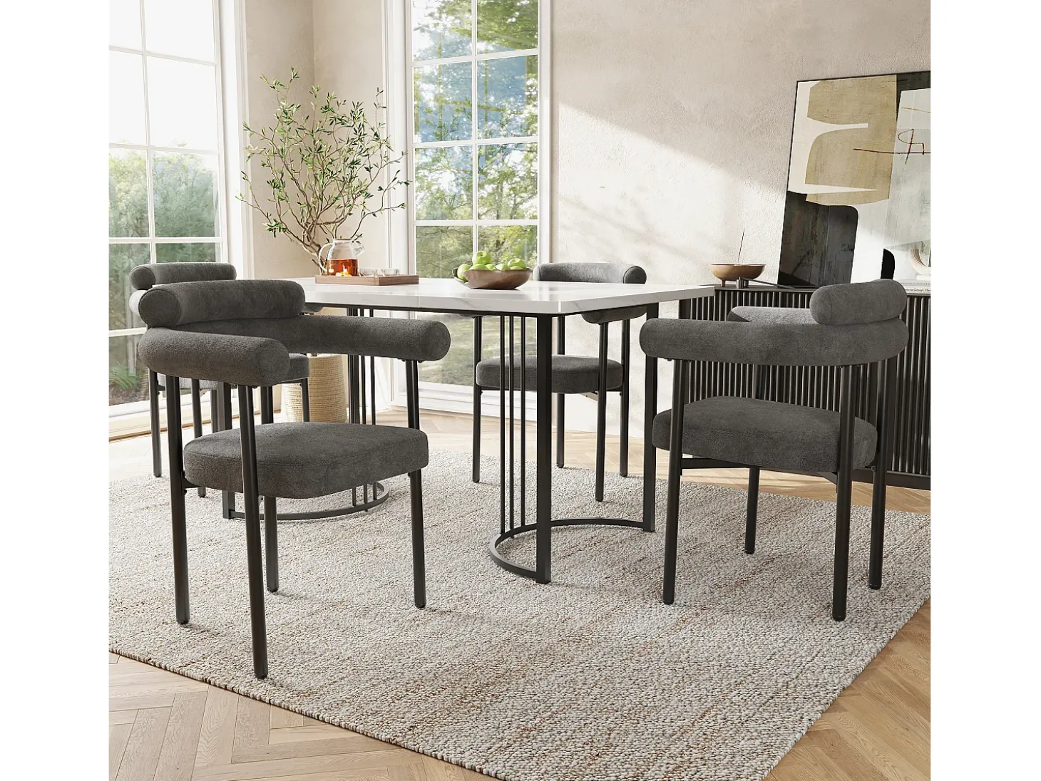 Juego de 2 sillas de comedor gris oscuro - Silla de comedor con respaldo y reposabrazos - ante - patas de metal negro