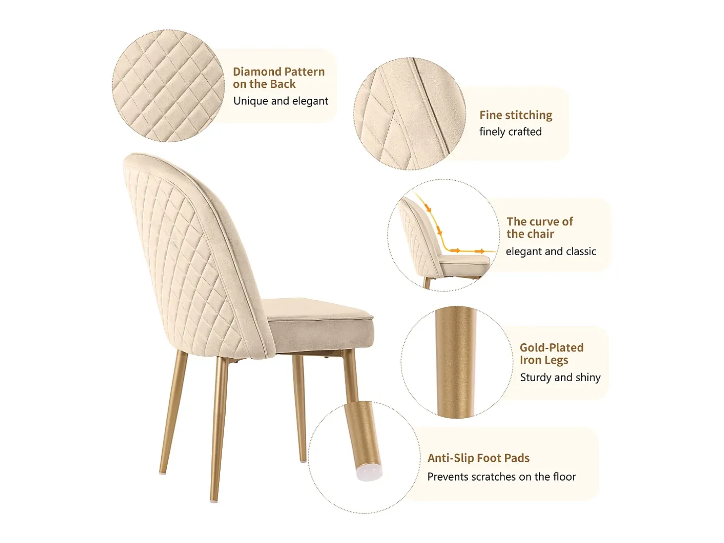 Juego de 2 sillas de comedor modernas de terciopelo - Patas de metal dorado - Sin brazos - Beige