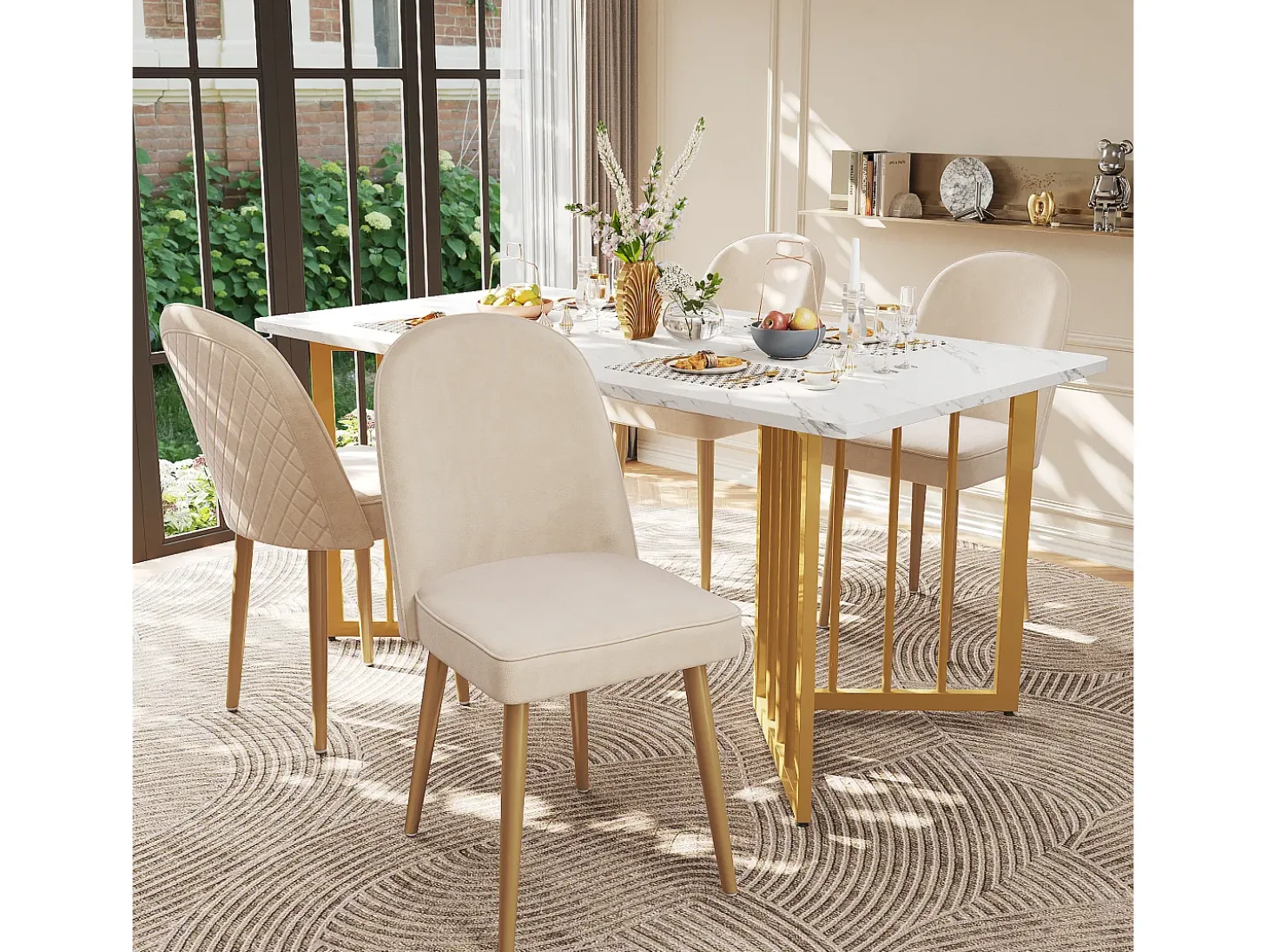 Juego de 2 sillas de comedor modernas de terciopelo - Patas de metal dorado - Sin brazos - Beige