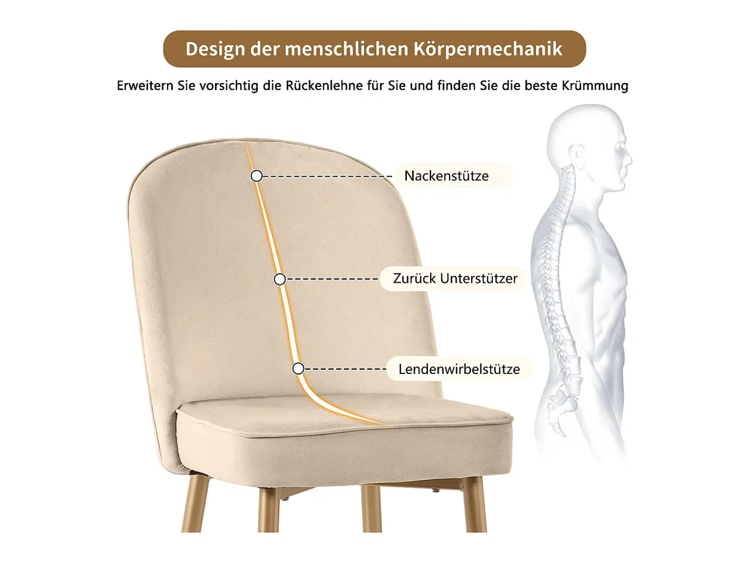 Juego de 2 sillas de comedor modernas de terciopelo - Patas de metal dorado - Sin brazos - Beige