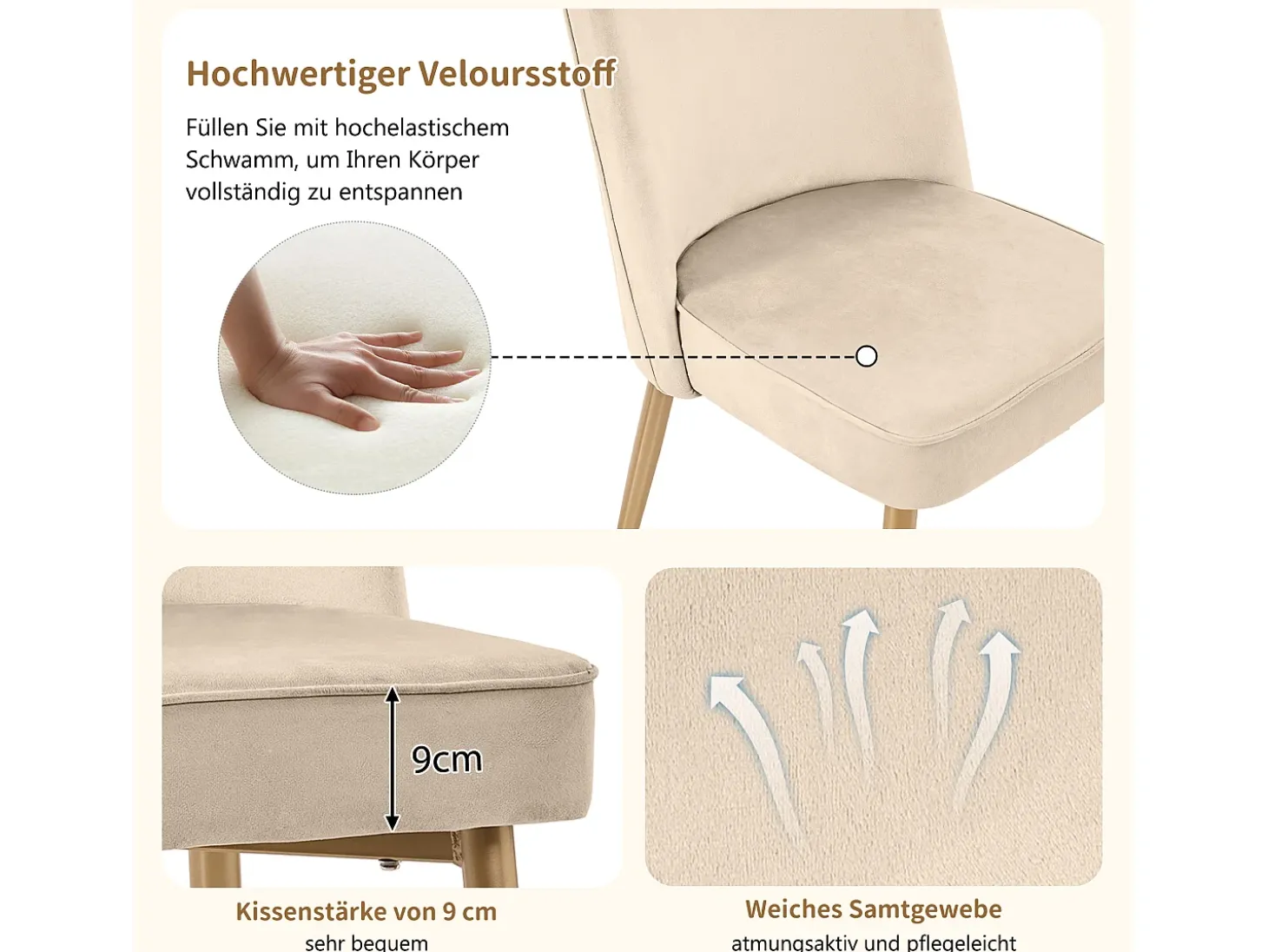 Juego de 2 sillas de comedor modernas de terciopelo - Patas de metal dorado - Sin brazos - Beige