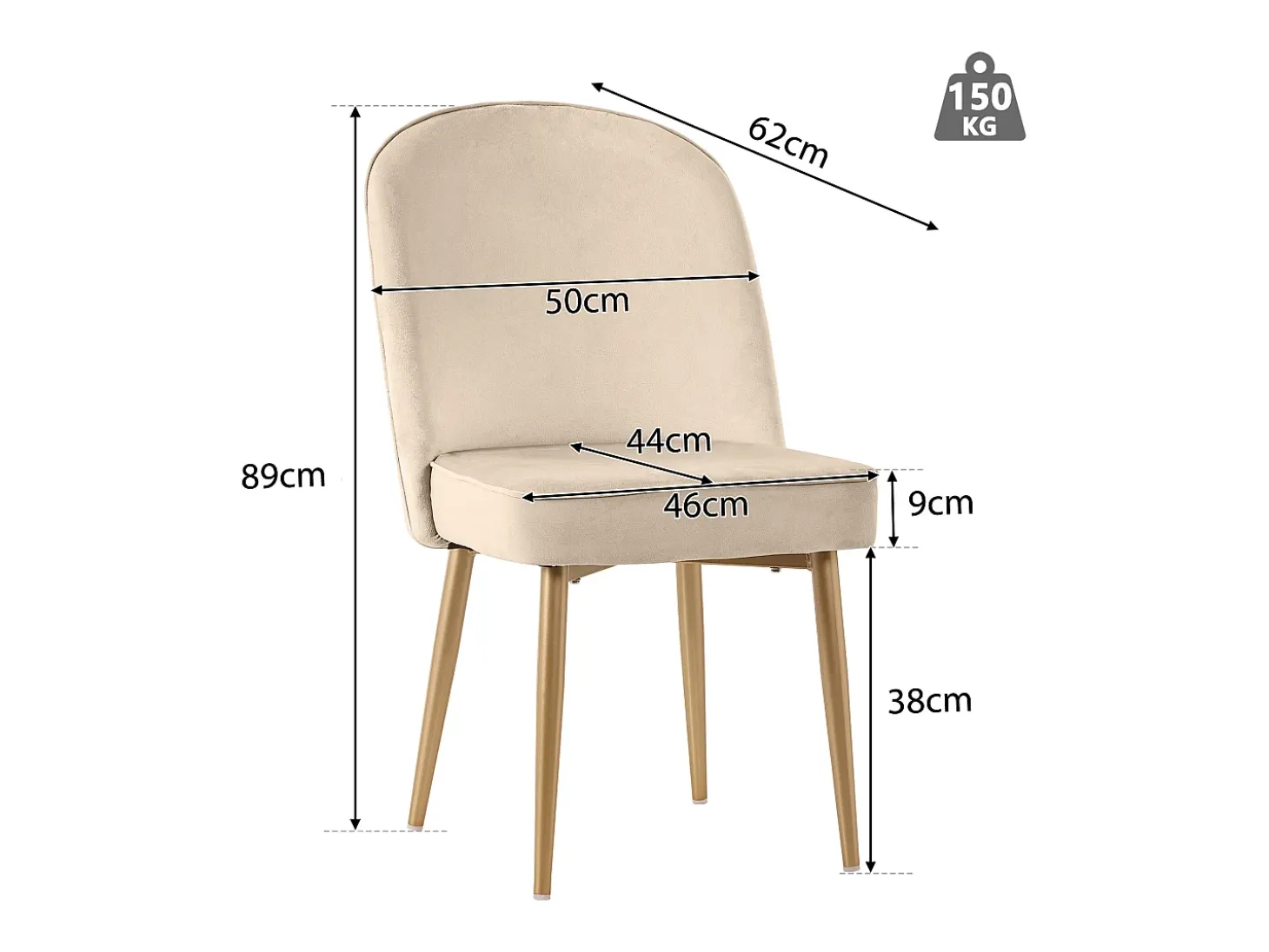 Juego de 2 sillas de comedor modernas de terciopelo - Patas de metal dorado - Sin brazos - Beige