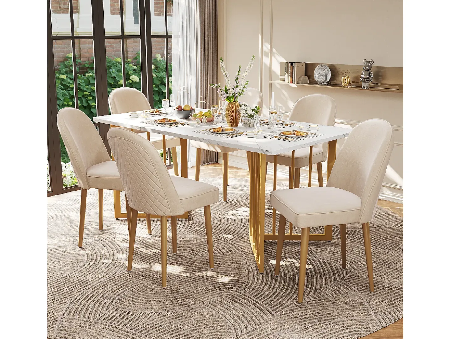 Juego de 2 sillas de comedor modernas de terciopelo - Patas de metal dorado - Sin brazos - Beige