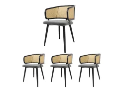 Juego de 4 sillas de comedor de terciopelo y metal con respaldo de ratán – gris