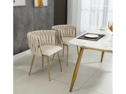 Juego de 2 sillas de comedor con respaldo trenzado y patas de metal dorado - terciopelo marfil