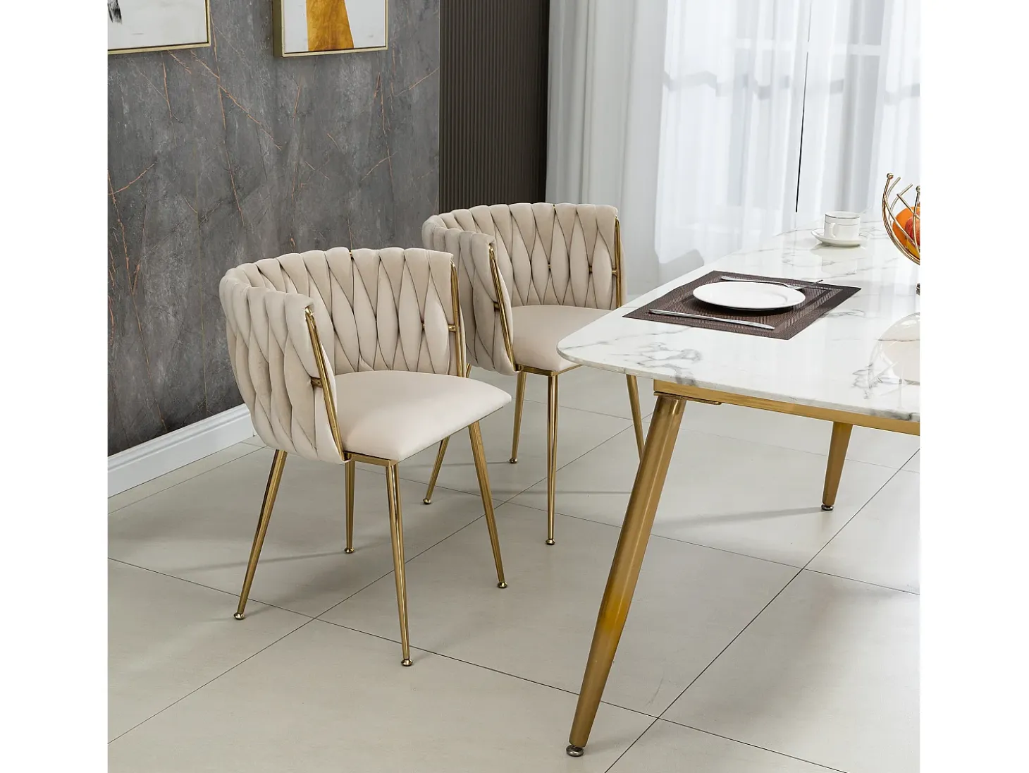 Juego de 2 sillas de comedor con respaldo trenzado y patas de metal dorado - terciopelo marfil