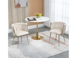 Juego de 2 sillas de comedor con respaldo trenzado y patas de metal dorado - terciopelo marfil