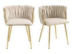 Juego de 2 sillas de comedor con respaldo trenzado y patas de metal dorado - terciopelo marfil