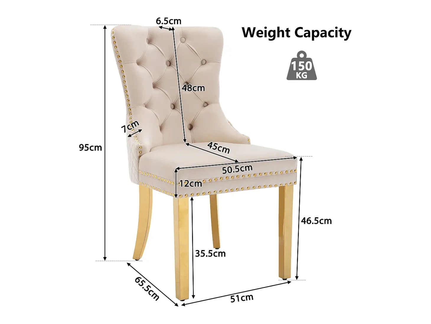 Juego de 2 sillas de comedor - Silla tapizada con tachuelas decorativas y patas de metal dorado - terciopelo beige
