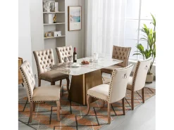 Juego de 6 sillas de comedor acolchadas de terciopelo - Patas de nogal macizo - Decoración con botones - Beige