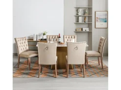 Juego de 6 sillas de comedor acolchadas de terciopelo - Patas de nogal macizo - Decoración con botones - Beige