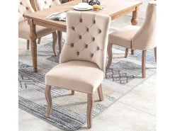 Juego de 2 sillas de comedor - Terciopelo y madera maciza - Respaldo con motivos de rombos - Beige