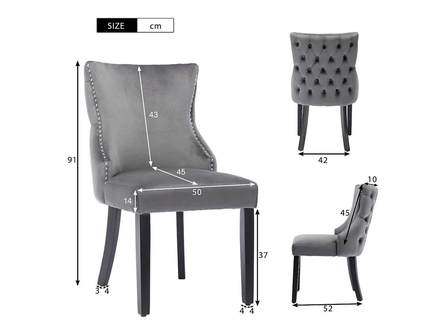 Juego de 4 sillas de comedor - terciopelo gris - con respaldo abotonado y patas de madera negras