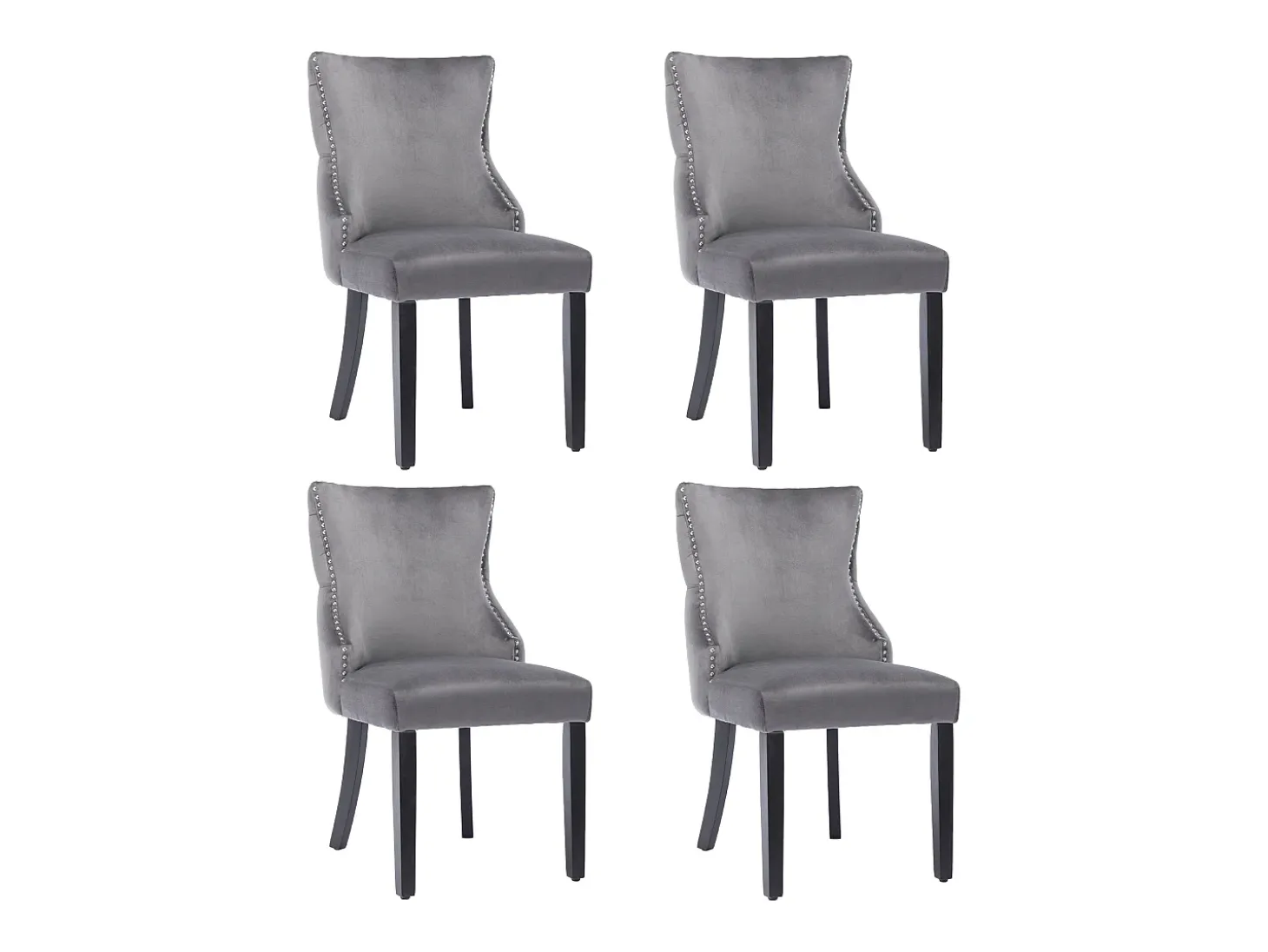 Juego de 4 sillas de comedor - terciopelo gris - con respaldo abotonado y patas de madera negras
