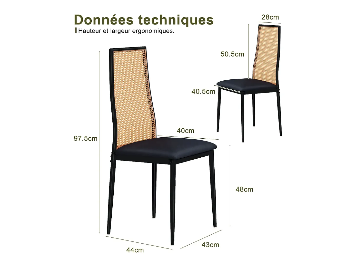 Juego de 2 sillas de comedor de ratán acolchado sin reposabrazos y con patas de metal, color negro