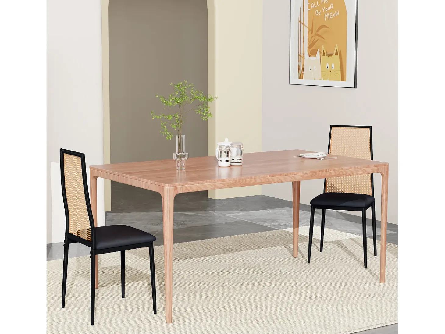 Juego de 2 sillas de comedor de ratán acolchado sin reposabrazos y con patas de metal, color negro