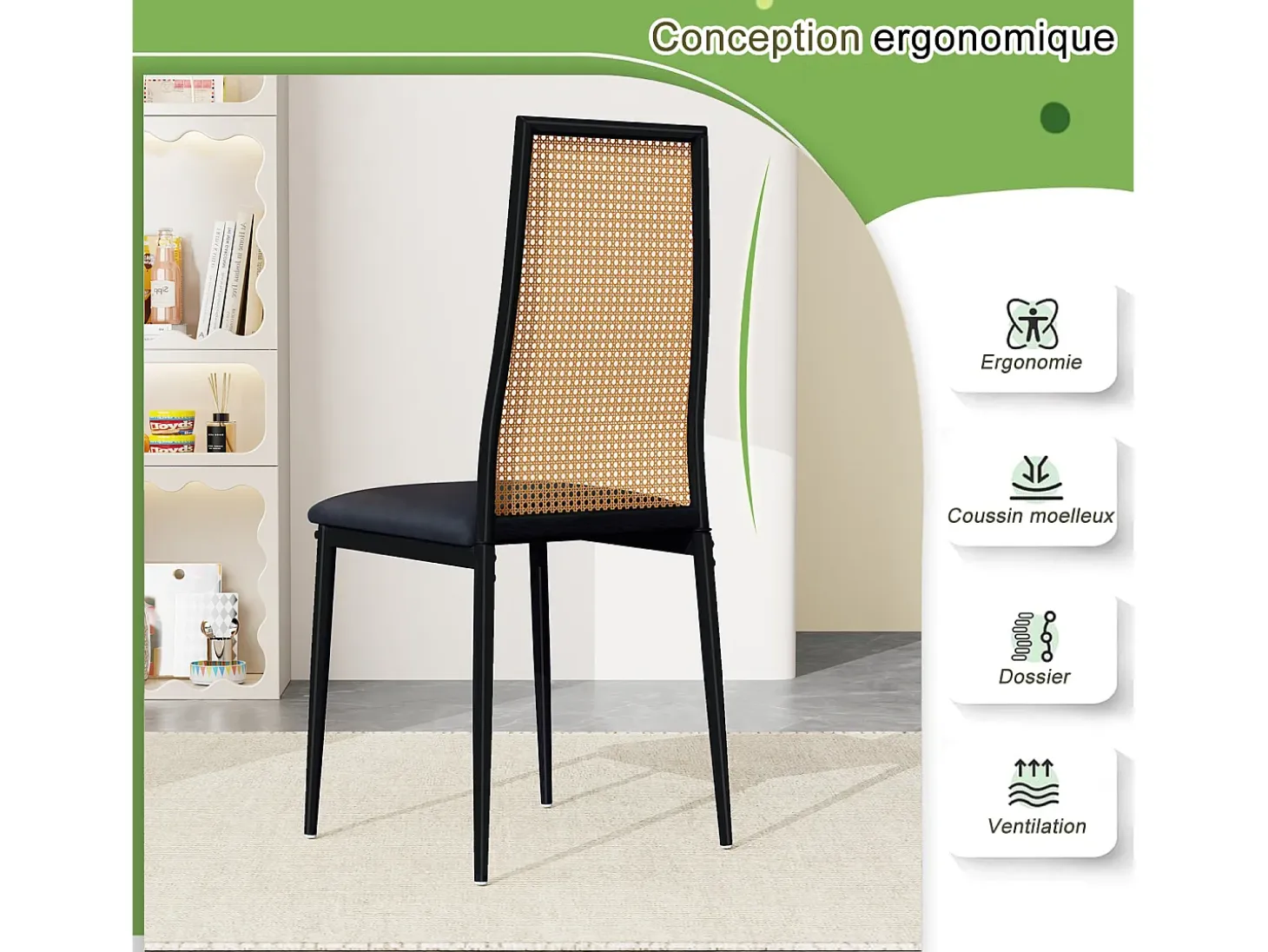 Juego de 2 sillas de comedor de ratán acolchado sin reposabrazos y con patas de metal, color negro