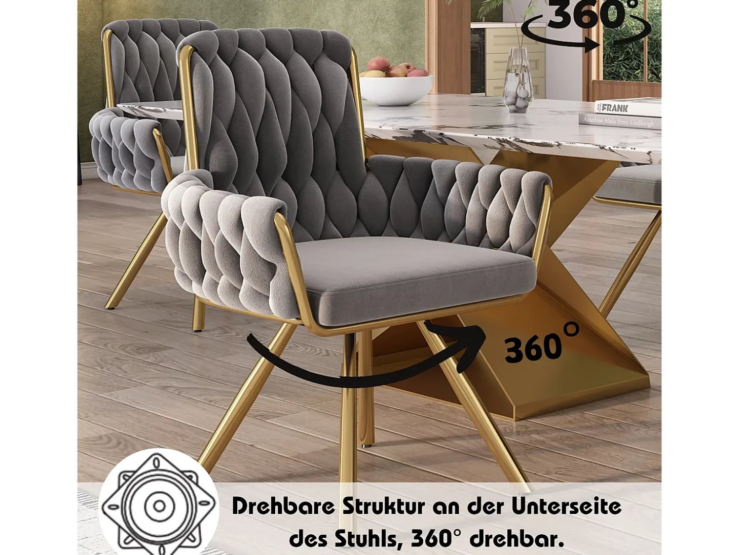 Juego de 4 sillas de comedor de terciopelo, giratorias, con reposabrazos y estructura de metal, color gris