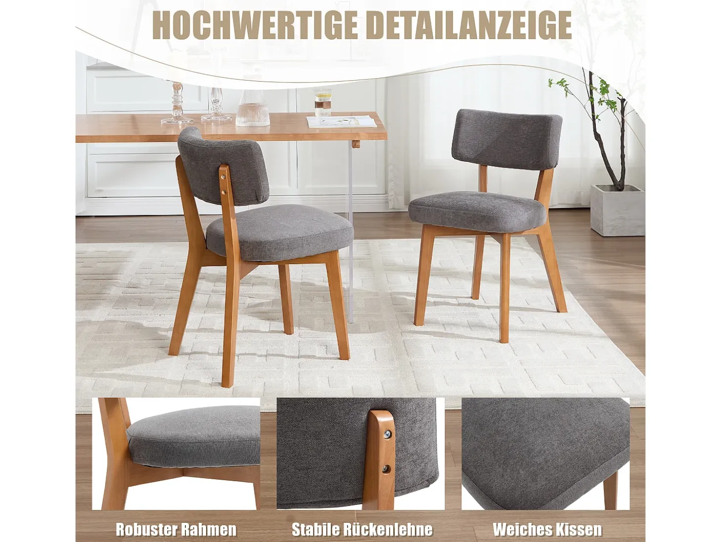 Juego de 2 sillas de madera - cojín gris - elegantes y cómodas - perfectas para comedor o cocina
