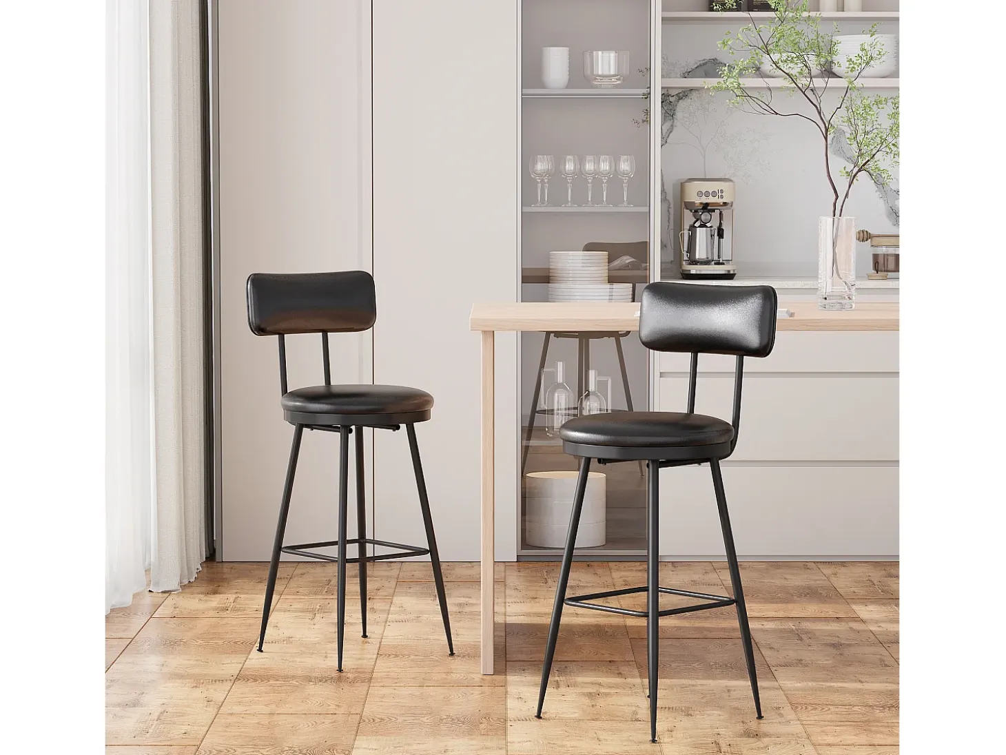 Juego de 2 sillas de mostrador de piel sintética negra, altura 65 cm, para cocina