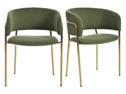 Juego de 2 sillas de pana verde con respaldo acolchado y patas doradas para sala y comedor