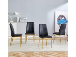 Juego de 4 sillas de piel sintética negra - Patas de metal dorado - Diseño de rayas verticales