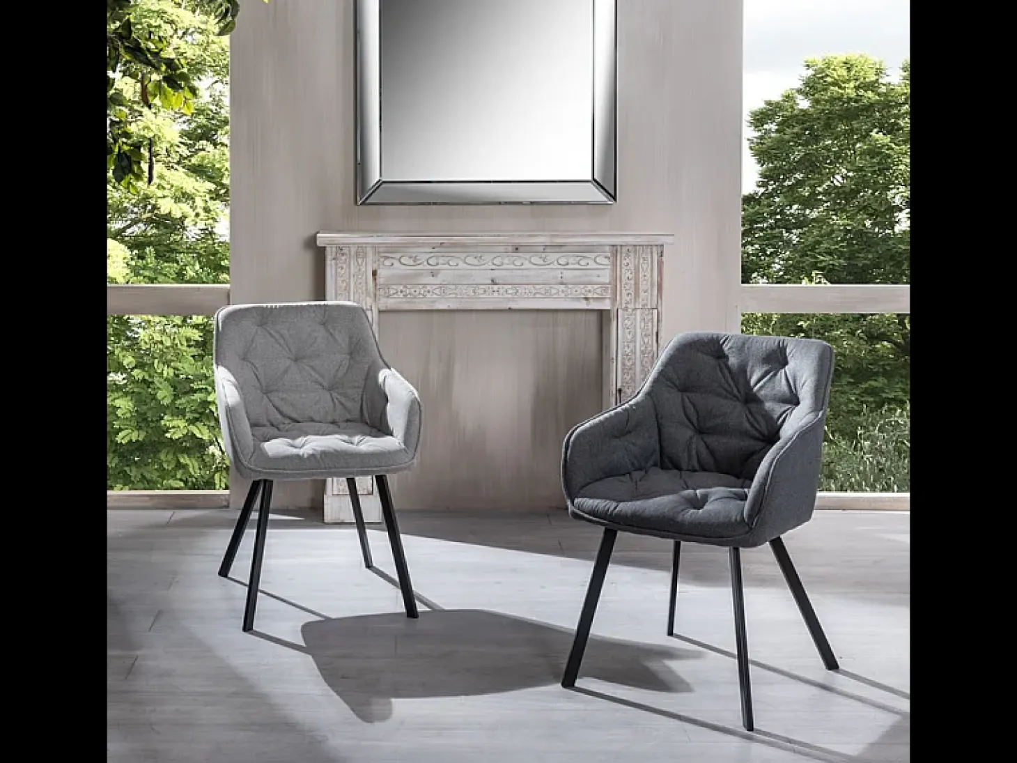 Juego de 4 sillas de salón "Dalia" tapizadas en tela gris claro con patas de metal pintado, 55x60 cm, 79h