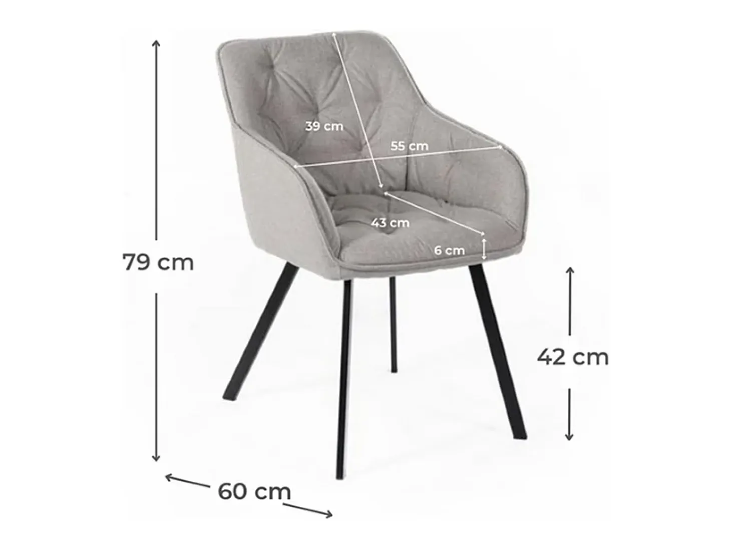 Juego de 4 sillas de salón "Dalia" tapizadas en tela gris claro con patas de metal pintado, 55x60 cm, 79h