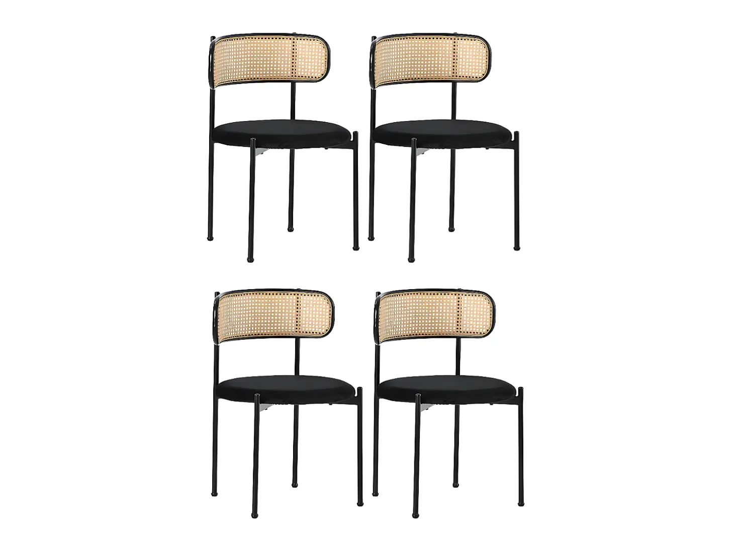 Juego de 4 sillas de terciopelo y ratán - patas de metal - Negro