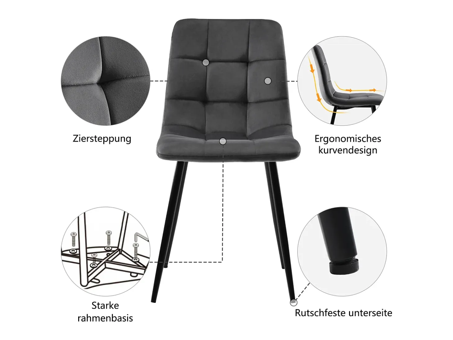 Juego de 4 sillas de terciopelo - estructura de metal - diseño ergonómico - patas de metal - color gris