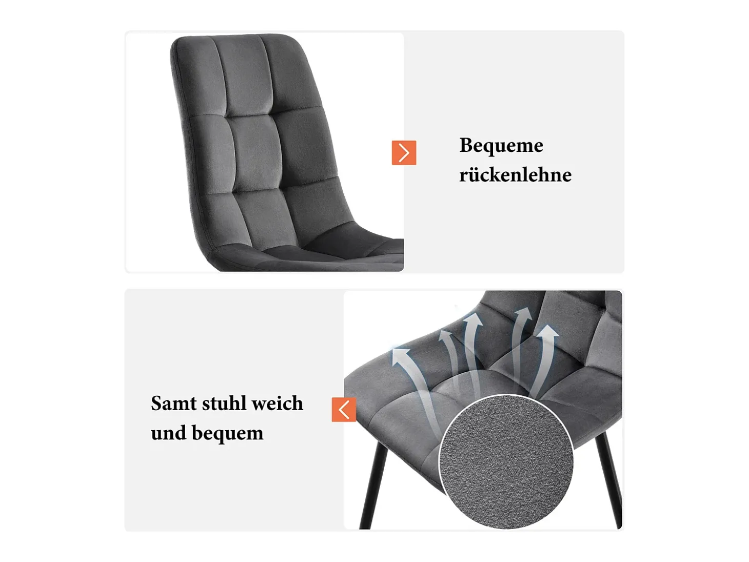 Juego de 4 sillas de terciopelo - estructura de metal - diseño ergonómico - patas de metal - color gris