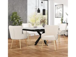 Juego de 6 sillas de terciopelo con reposabrazos y patas de metal dorado – beige y dorado