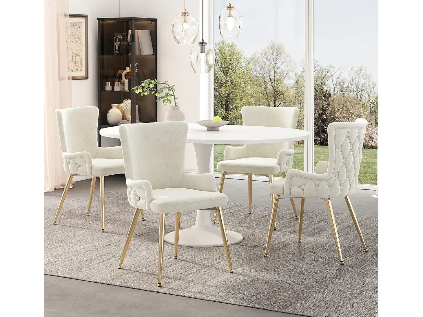 Juego de 4 sillas de terciopelo beige - Respaldo con estampado de rombos - Patas de metal dorado