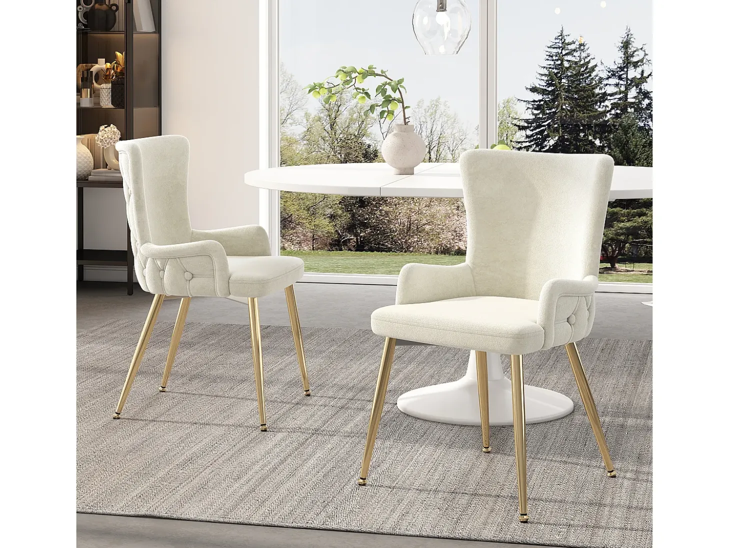 Juego de 4 sillas de terciopelo beige - Respaldo con estampado de rombos - Patas de metal dorado