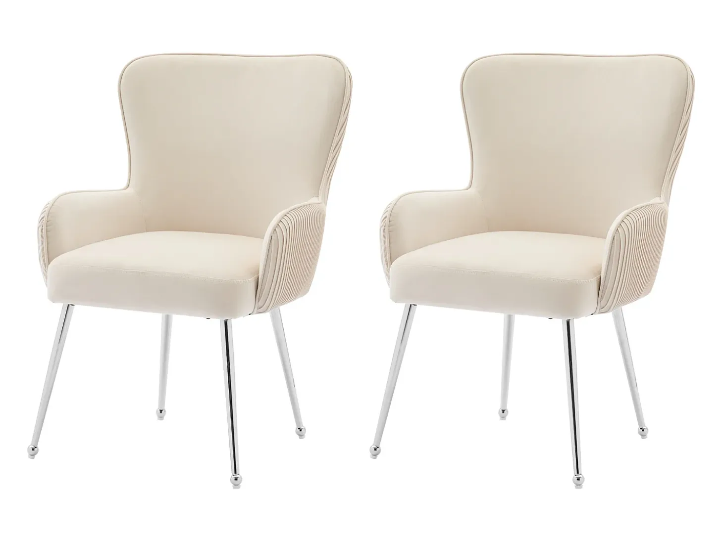 Juego de 2 sillas de terciopelo - 83 x 53 x 57 cm - cuatro patas de metal plateado - con reposabrazos y pies ajustables - beige