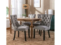 Juego de 2 sillas de terciopelo - Patas de madera y clavos decorativos - Gris