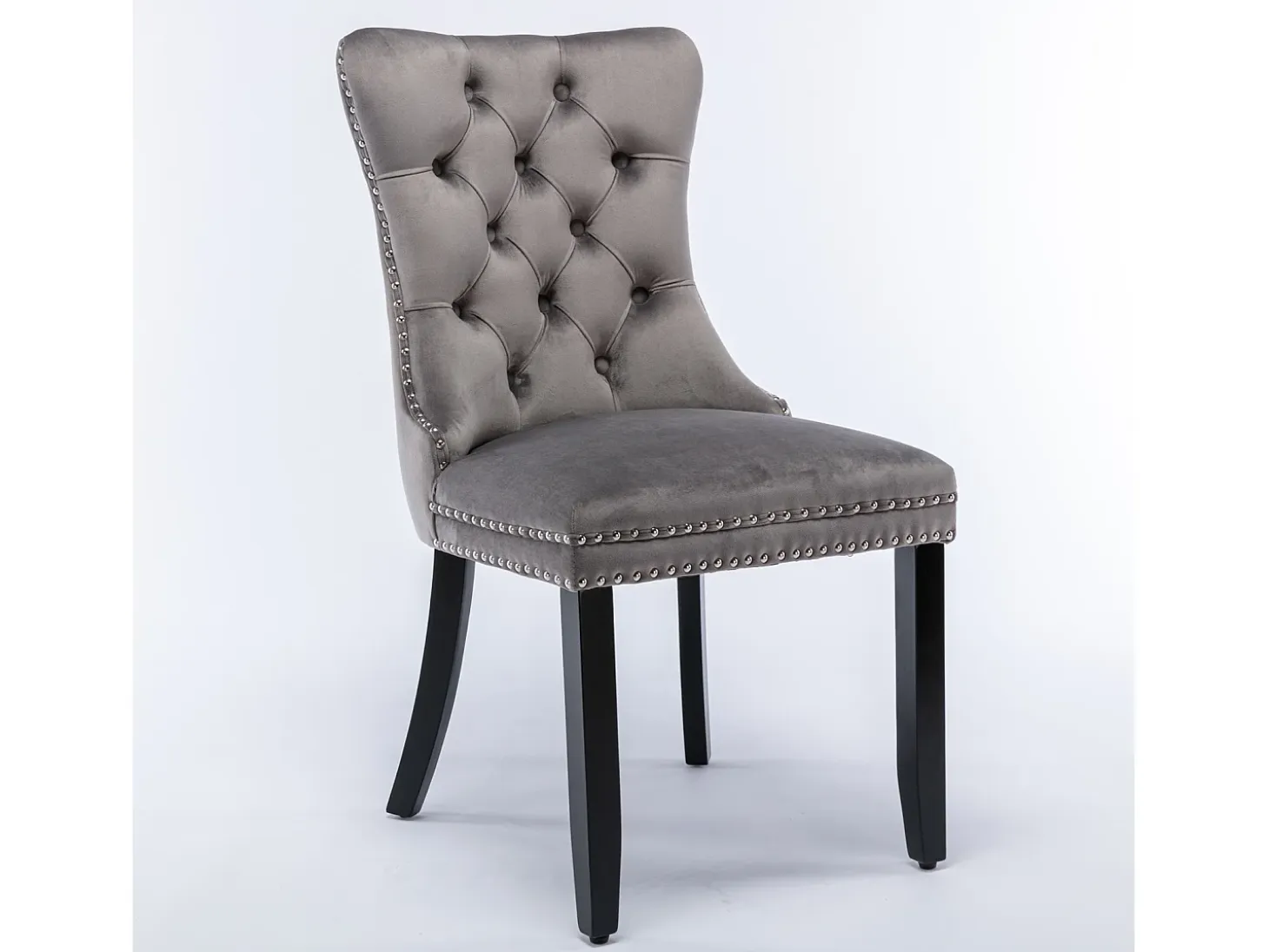 Juego de 2 sillas de terciopelo - Patas de madera y clavos decorativos - Gris