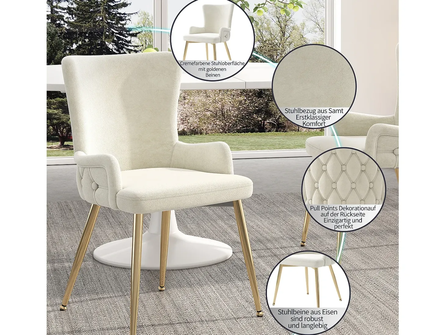 Juego de 6 sillas de terciopelo de lujo - 62,23 x 58,42 x 55,88 cm - con cuatro patas de metal dorado - beige