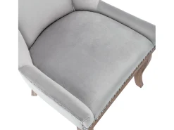 Juego de 2 sillas de terciopelo gris con patas de madera curvadas y remaches dorados.