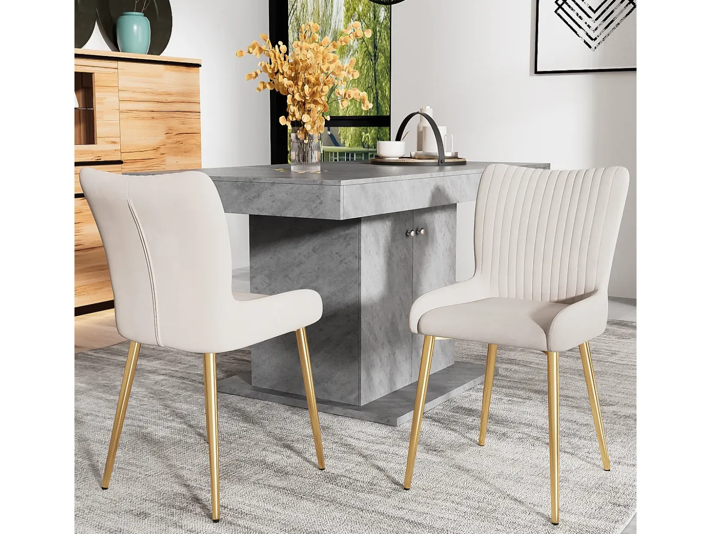 Juego de 6 sillas de terciopelo con patas metálicas – beige y dorado