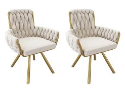 Juego de 2 sillas de terciopelo, respaldo alto con reposabrazos, base de metal, giratorias 360° – beige