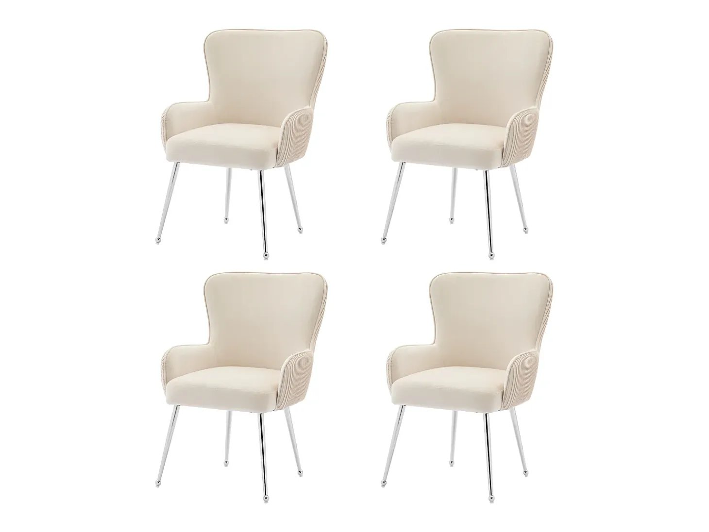 Juego de 4 sillas de terciopelo - 83 x 53 x 57 cm - Cuatro patas de metal plateado - con reposabrazos y pies ajustables - Beige