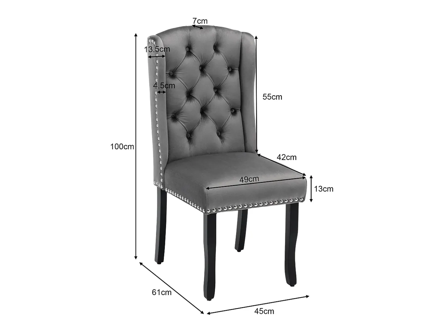Juego de 6 sillas de terciopelo con patas de roble - decoradas con remaches - Gris