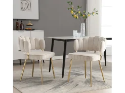 Juego de 2 sillas de terciopelo marfil con patas doradas y reposabrazos redondos, diseño de pétalos.