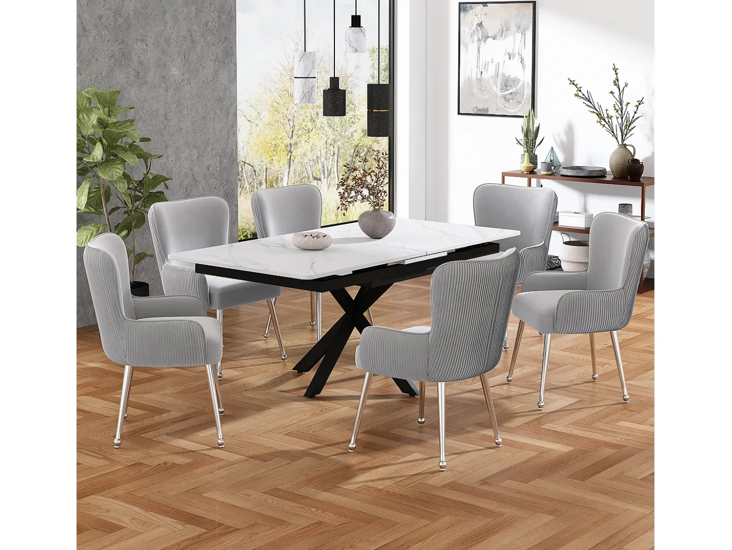 Juego de 2 sillas de terciopelo - 83 x 53 x 57 cm - cuatro patas de metal plateado - con reposabrazos y pies regulables - gris
