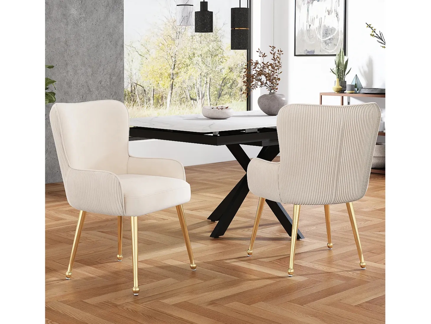 Juego de 2 sillas de terciopelo beige - Patas de metal dorado - Patas ajustables