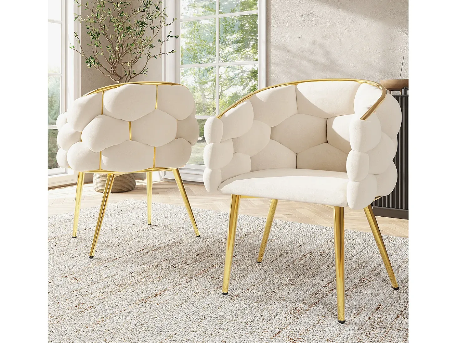 Juego de 2 sillas de terciopelo y metal, respaldo dorado – beige